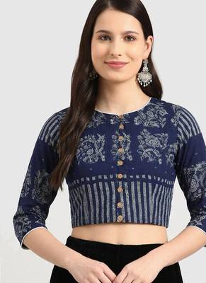 Navy blue cotton printed non padded blouse 1