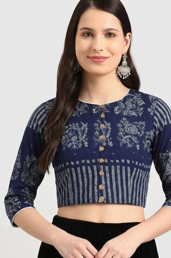 Navy blue cotton printed non padded blouse