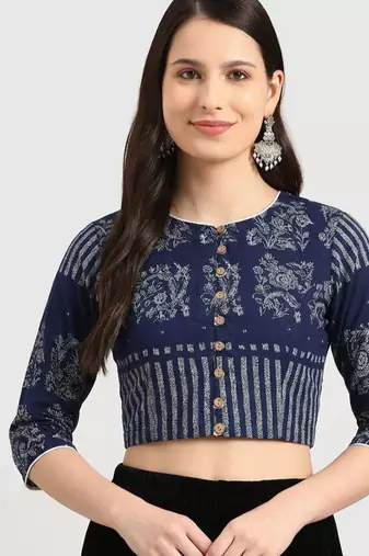 Navy blue cotton printed non padded blouse