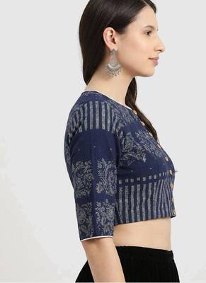 Navy blue cotton printed non padded blouse 2