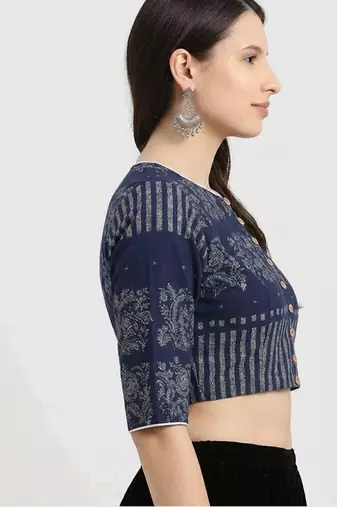 Navy blue cotton printed non padded blouse