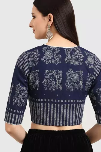 Navy blue cotton printed non padded blouse
