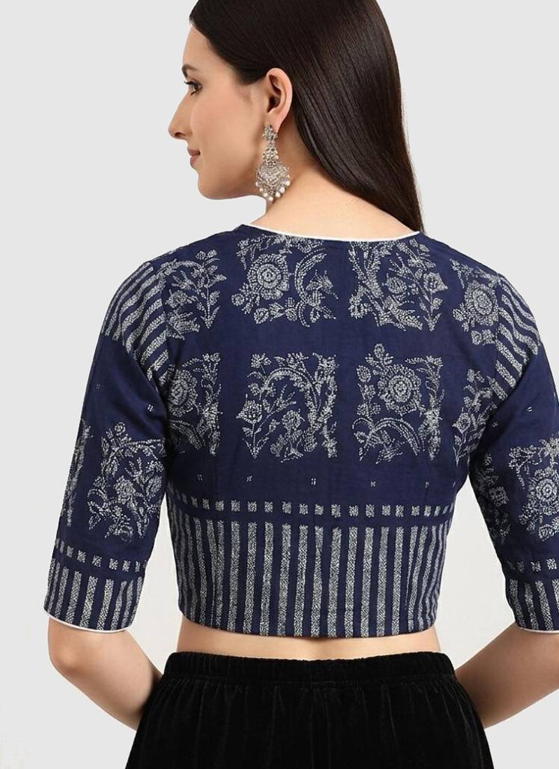 Navy blue cotton printed non padded blouse