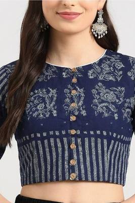 Navy blue cotton printed non padded blouse 4