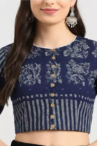Navy blue cotton printed non padded blouse
