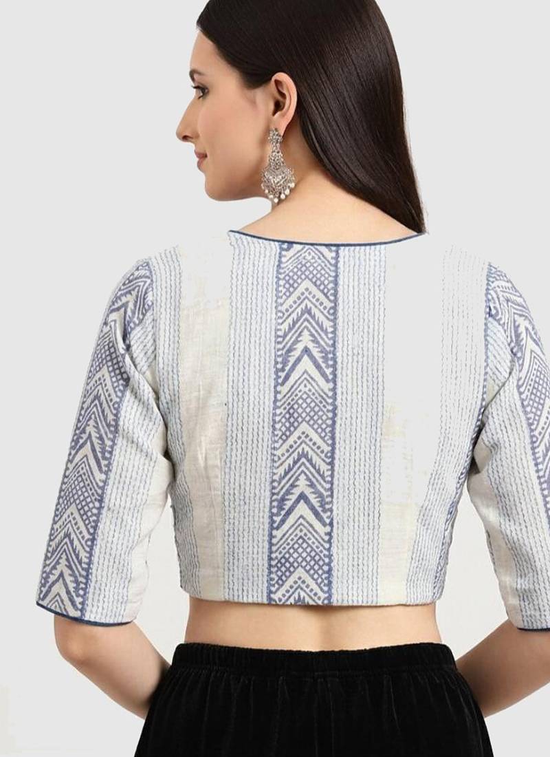 White cotton printed non padded blouse