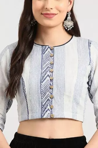 White cotton printed non padded blouse