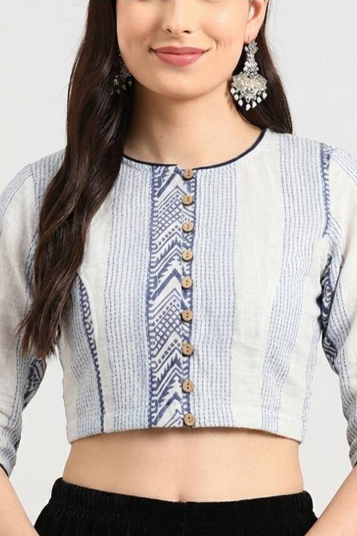 White cotton printed non padded blouse