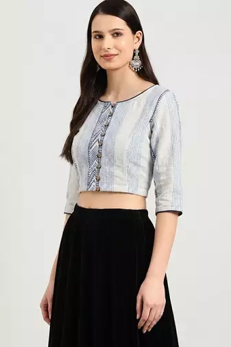White cotton printed non padded blouse