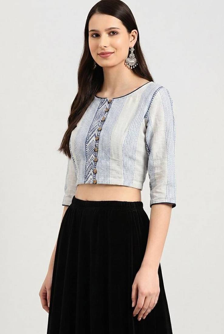 White cotton printed non padded blouse