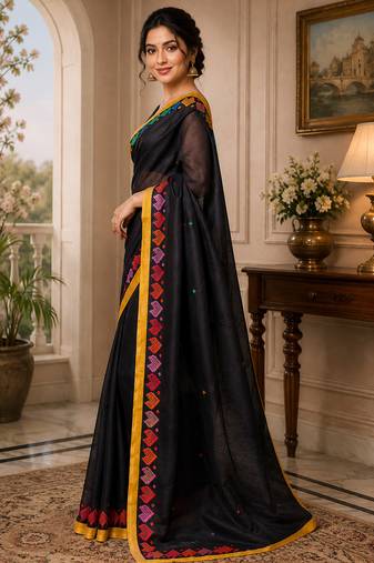 Women chanderi cotton black woven  saree
