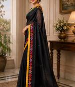 Women chanderi cotton black woven  saree