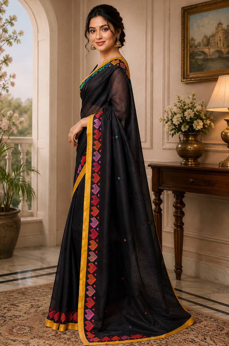 Women chanderi cotton black woven  saree
