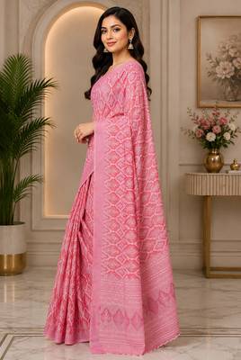 Women chanderi cotton rose pink woven  saree 1