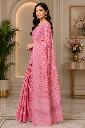 Women chanderi cotton rose pink woven  saree