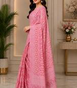 Women chanderi cotton rose pink woven  saree