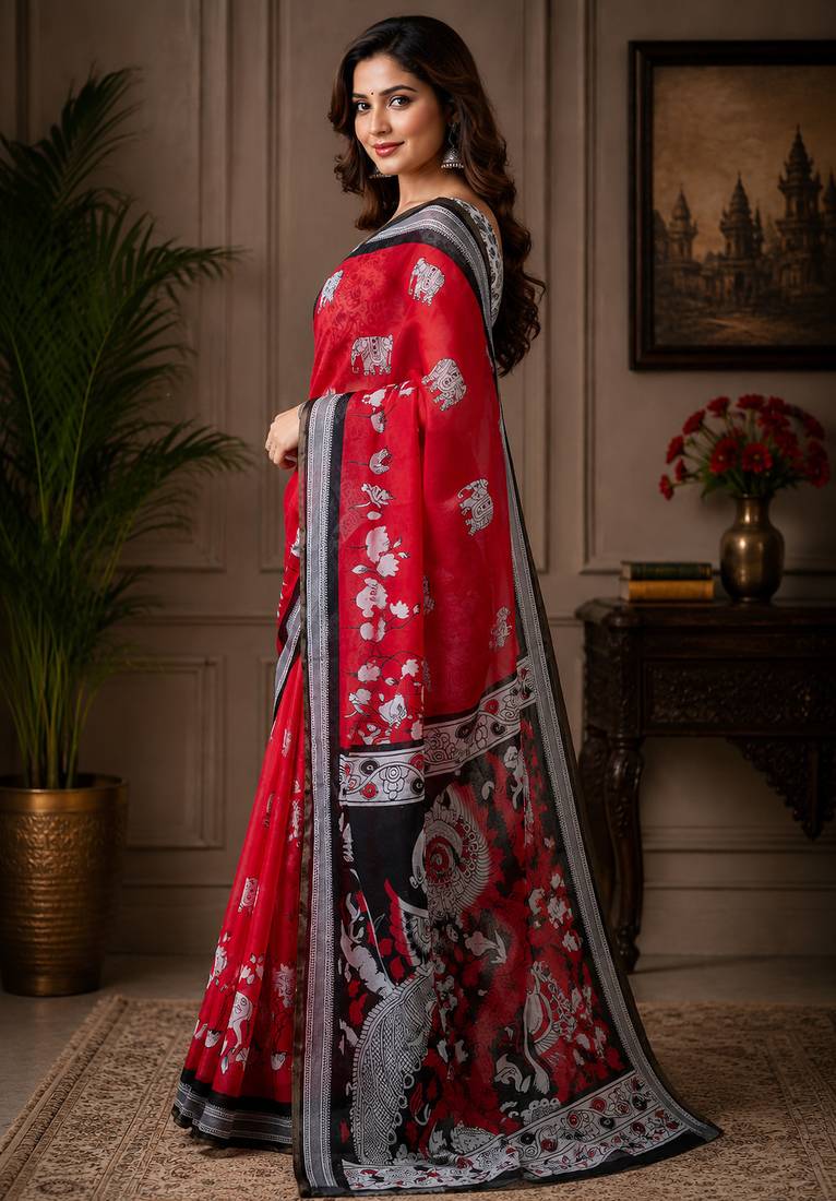 Women chanderi cotton crimson red woven  saree
