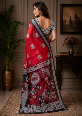 Women chanderi cotton crimson red woven  saree 3