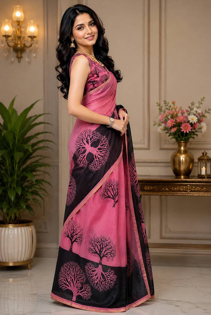 Women chanderi cotton pink woven  saree