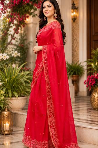 Women chanderi cotton red woven  saree