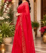 Women chanderi cotton red woven  saree