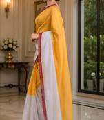 Women chanderi cotton mustard yellow woven  saree