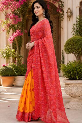 Women chanderi cotton red & yellow woven  saree