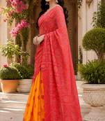 Women chanderi cotton red & yellow woven  saree
