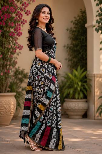 Women chanderi cotton black woven  saree