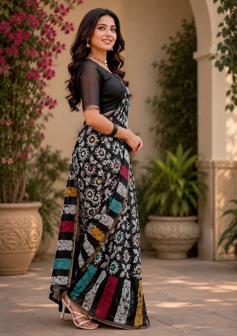 Women chanderi cotton black woven  saree