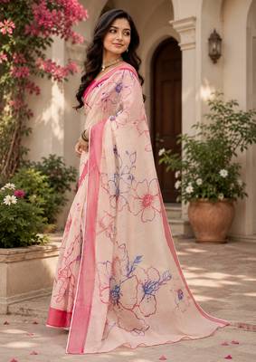 Women chanderi cotton cream & pink woven  saree 1