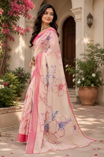 Women chanderi cotton cream & pink woven  saree
