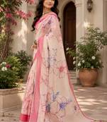 Women chanderi cotton cream & pink woven  saree