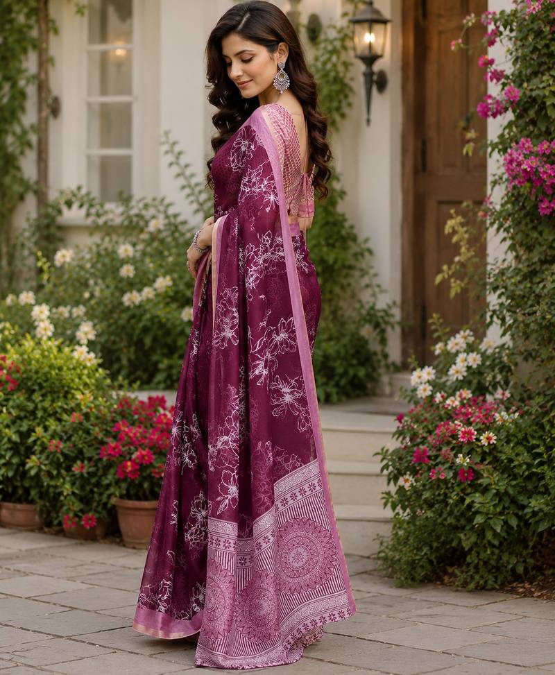Women chanderi cotton wine woven  saree