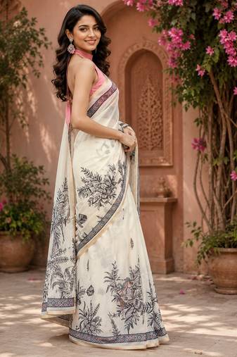 Women chanderi cotton off white woven  saree