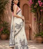 Women chanderi cotton off white woven  saree