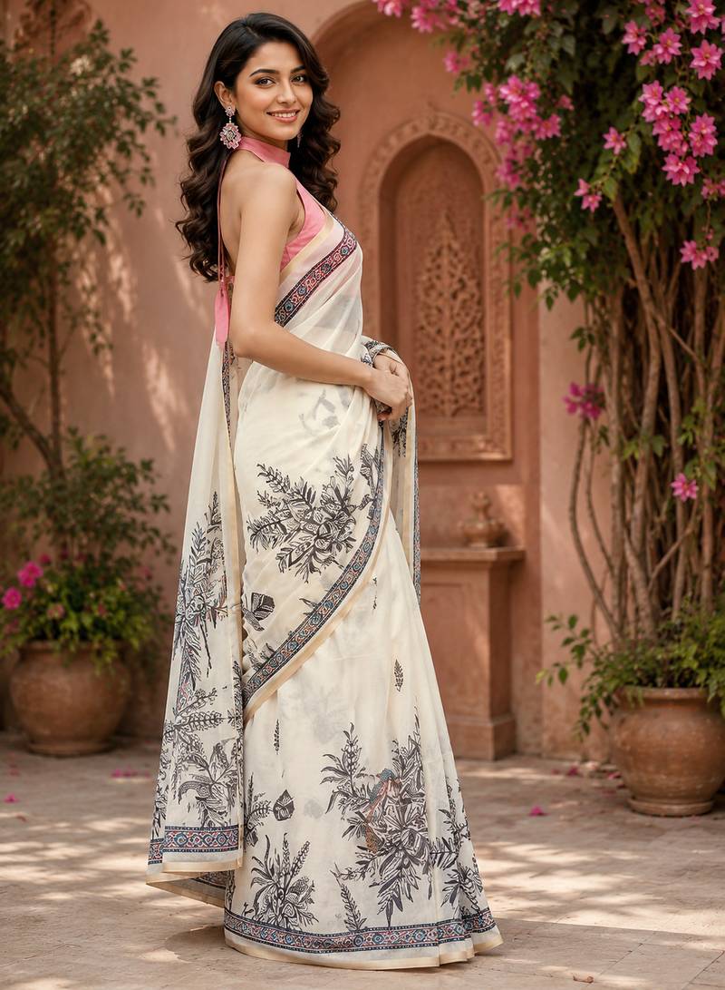 Women chanderi cotton off white woven  saree