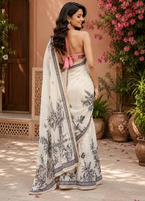 Women chanderi cotton off white woven  saree 2