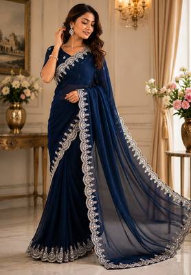 Women shimmer chiffon navy blue woven  saree 1