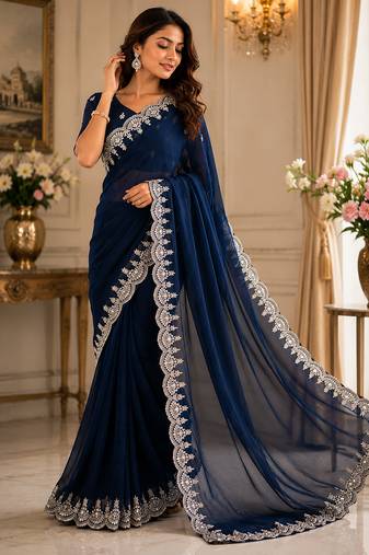 Women shimmer chiffon navy blue woven  saree