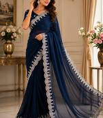 Women shimmer chiffon navy blue woven  saree