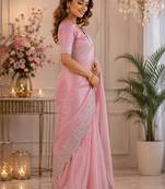 Women shimmer chiffon rich pink woven  saree