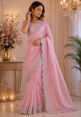 Women shimmer chiffon rich pink woven  saree 3