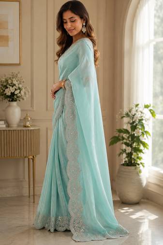 Women shimmer chiffon pastel blue woven  saree