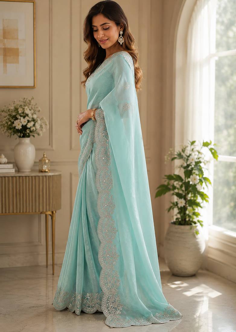Women shimmer chiffon pastel blue woven  saree