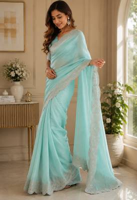 Women shimmer chiffon pastel blue woven  saree 3
