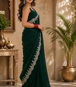 Women shimmer chiffon emerald green woven  saree