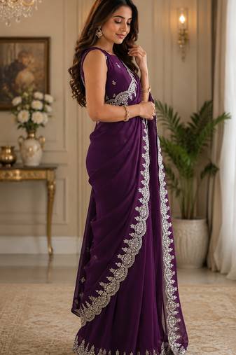 Women shimmer chiffon wine woven  saree