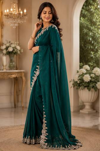 Women shimmer chiffon teal green woven  saree