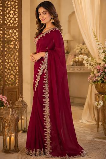 Women shimmer chiffon maroon woven  saree